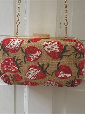 Straw Clutch with Red Embroidered Strawberry Motif cross body chain purse bag